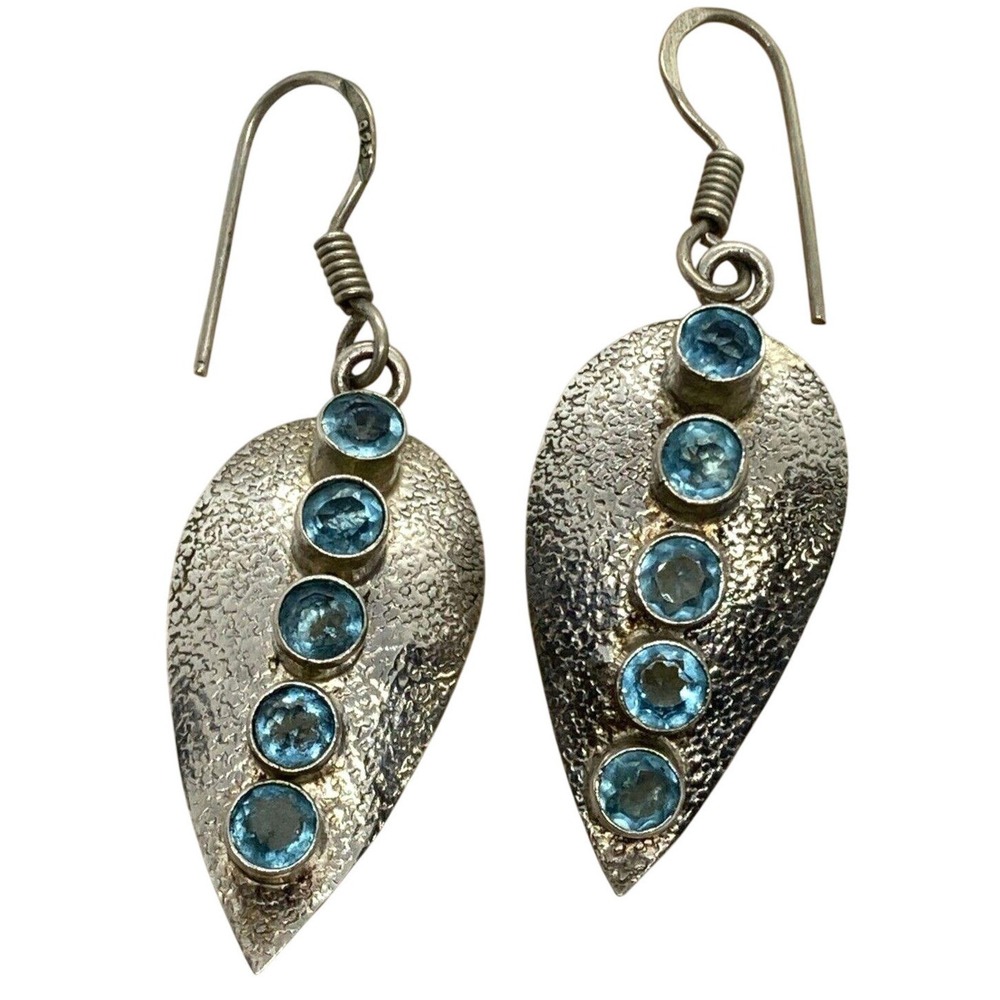 Vintage Round Blue Cubic Zirconia Dangle Drop Earrings Sterling 925 Silver‎ 6.1g